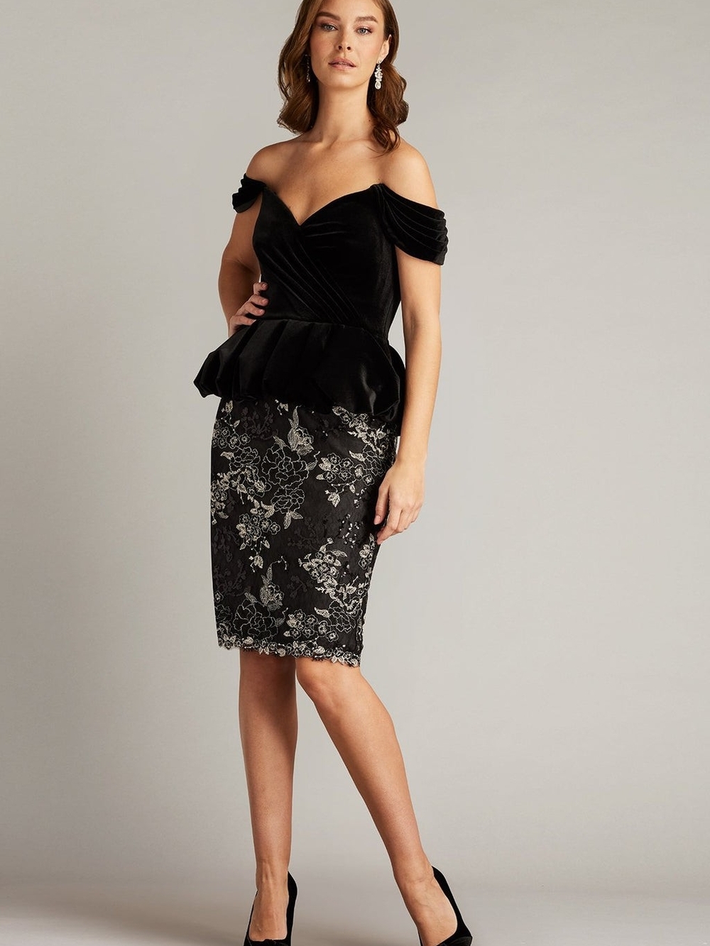 Tadashi Shoji Black Velvet Off-Shoulder Peplum with Lace Pencil Skirt